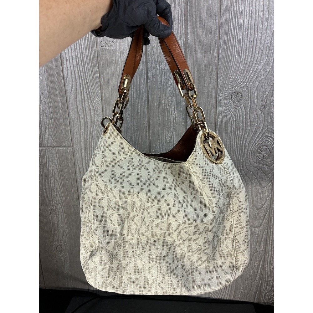 Michael Kors Fulton Large Shoulder Bag Vanilla MK Logo PVC Gold Chain Hobo Tote